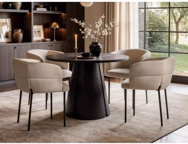 Solace+Co Ebony Black Extendable Oval Dining Table with 4 Beige Upholstered Elise Chairs