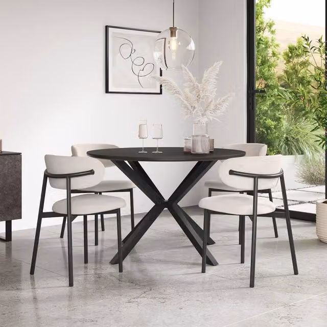 More4Homes Calne Round Ceramic Dining Table and 4 Myla Linen Chairs in Beige, Diameter: 120 cm, Height: 75 cm