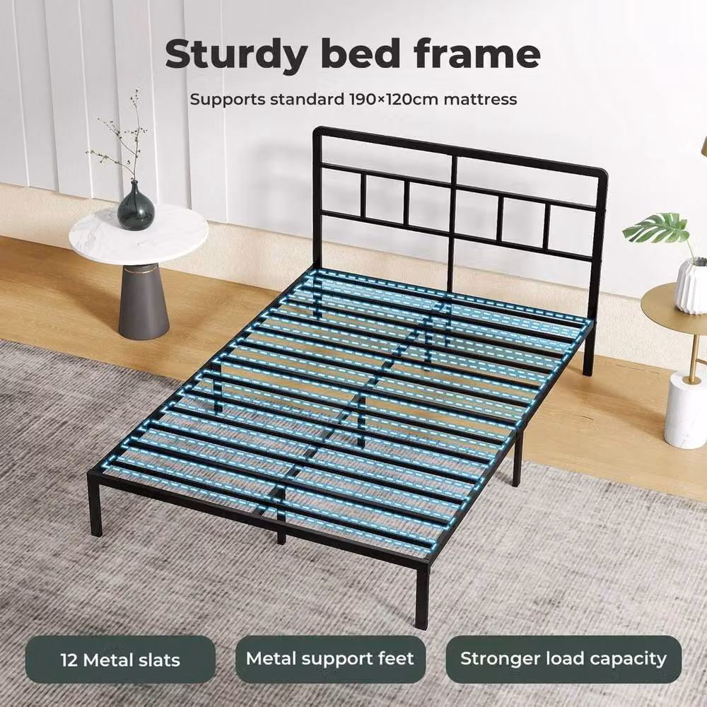 VOGREX Black Metal Double Bed Frame with Headboard, W/D/H: 120 x 200 cm – 3