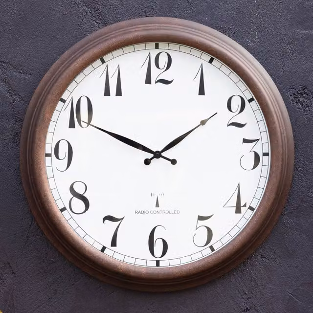 Primrose Antique Brown Round Analog Radio Controlled Outdoor Wall Clock