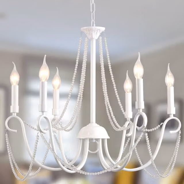 Garwarm 6-Light Retro French Country Chandelier in White with Crystal Accents and Height Adjustable Suspension – 1