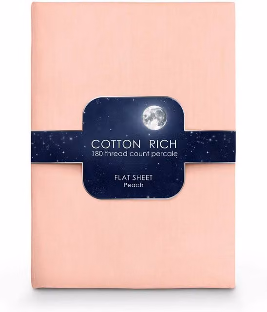Intimates Cotton Rich Plain Dye Flat Sheet in Peach, Size: 180 x 200 cm