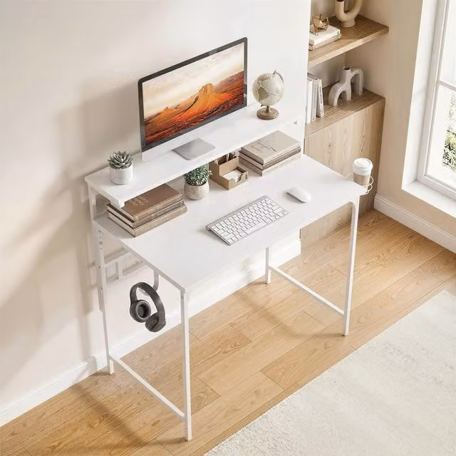 HOMCOM Modern Computer Desk with Hutch Shelf for Home Office, White