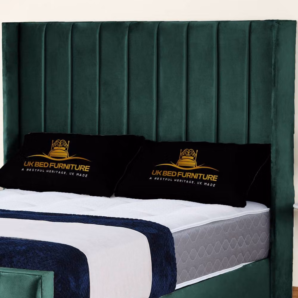 UK Bed Furniture Empire Winged Slatted Base Upholstered Velvet Bed in Green, Size: Super King (200 x 200 cm) – 2