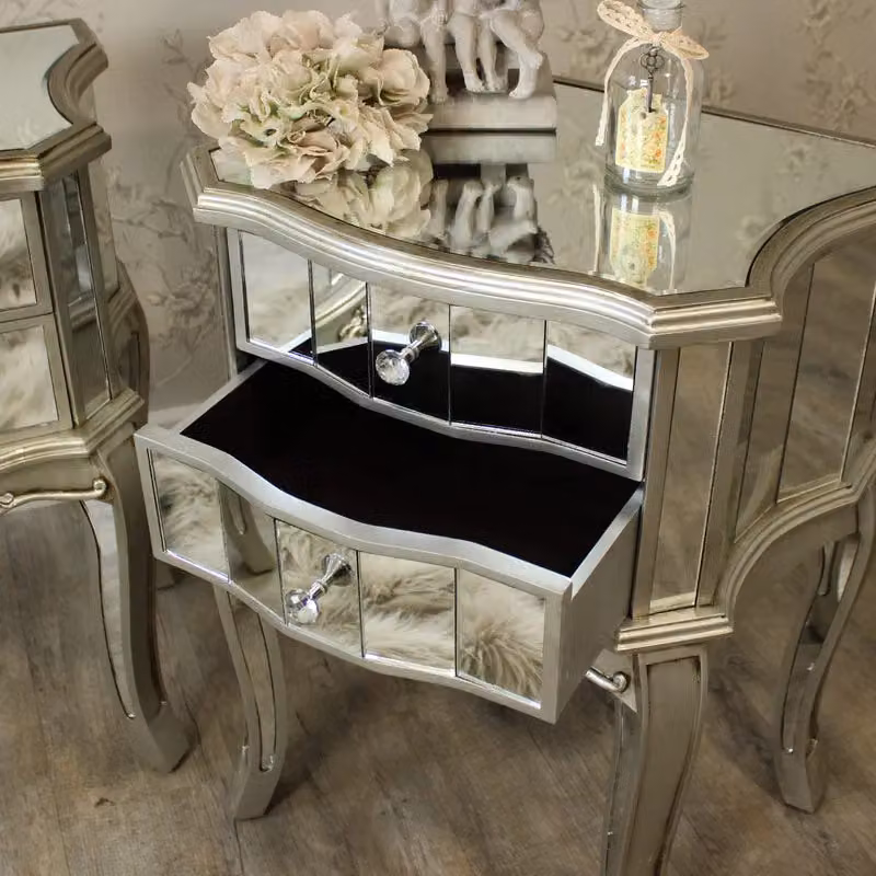 Melody Maison Tiffany Range Pair of Mirrored 2 Drawer Bedside Tables in Metallic Silver – 2