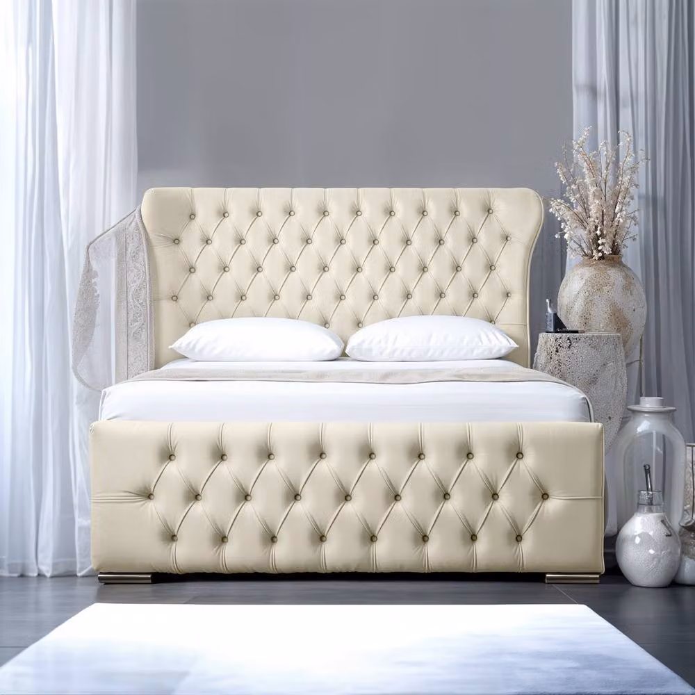 UK Bed Furniture Isabella Ottoman Gas Lift Upholstered Bed with 48 Inch Wing Headboard in Beige, Size: Super King – 2