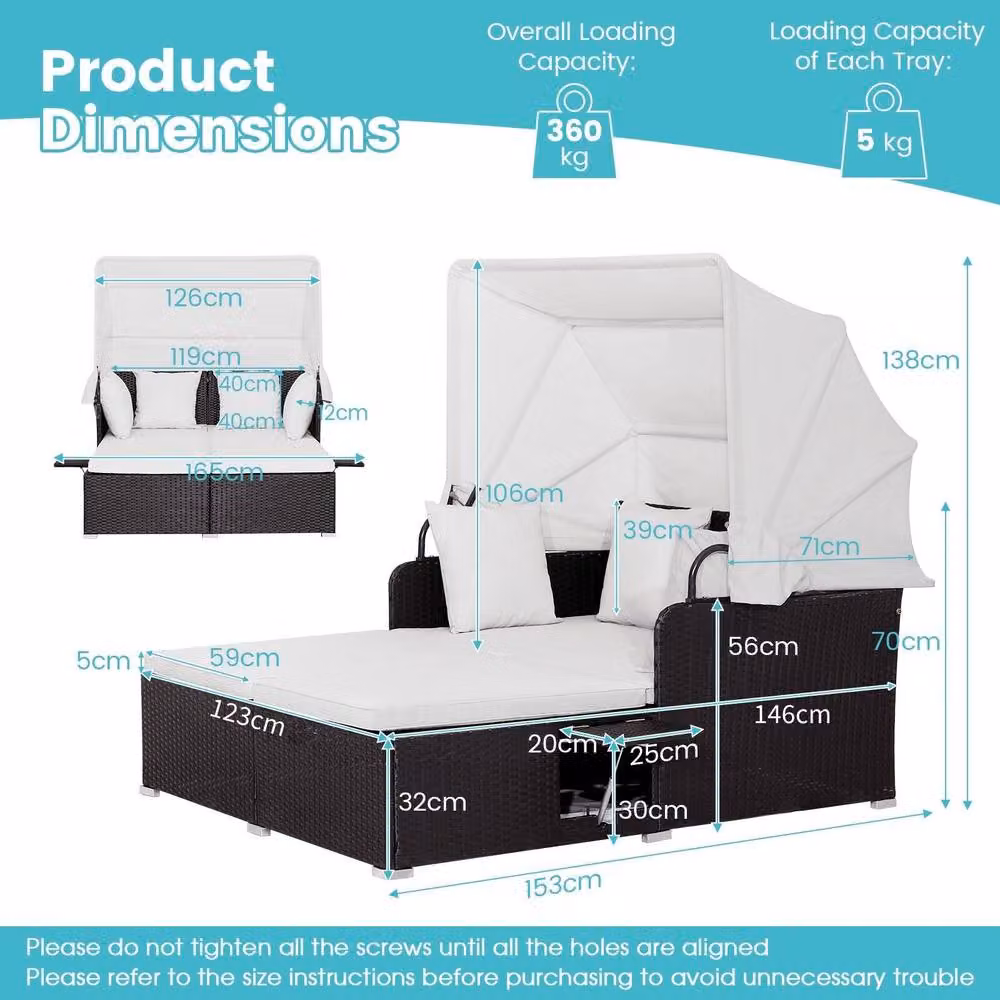 Costway Hand-Woven PE Wicker Daybed Patio Loveseat Sofa Set with Retractable Canopy in White – 2