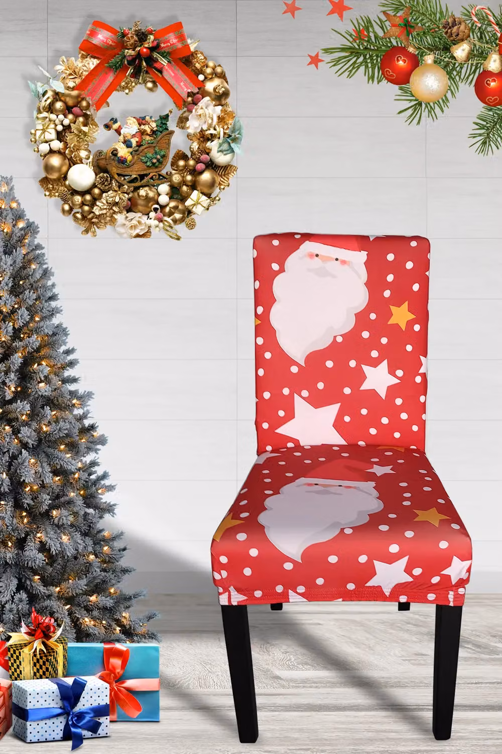 Neel Blue Short Spandex Dining Chair Slipcover with Red Santa Claus and Snowflakes Pattern – 3