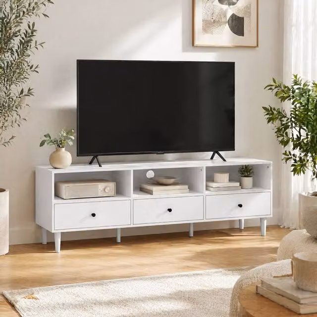 STILVORA TV Stand with 3 Shelves and 3 Drawers in White – 1