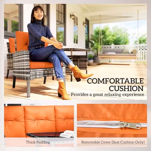 Outsunny 6 Piece Rattan Garden Furniture Set with Orange Upholstered Cushions and Powder Coated Steel Frame – 3