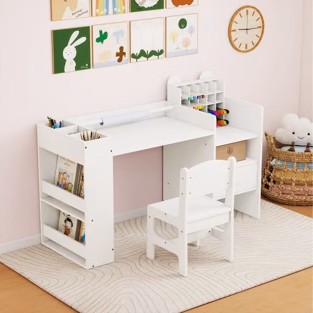 COSTWAY Toddler Painting Study Desk and Chair Set in White