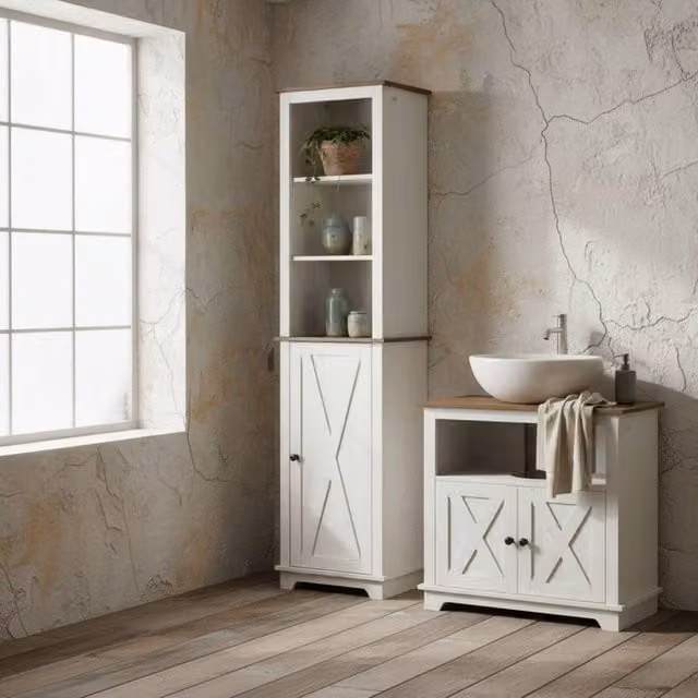 Wyld Haus Dokala 2 Piece White Bathroom Furniture Set Featuring a Tall Cabinet and Vanity Unit – 1