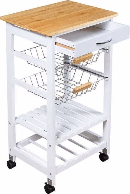 Spot On Dealz 5 Tier Mobile Kitchen Trolley and Rolling Island with Bamboo Wood Top in White