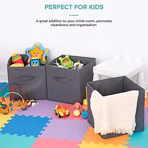 LIVIVO Set of 6 Foldable Storage Cube Boxes in Grey with Fabric Handles – 10