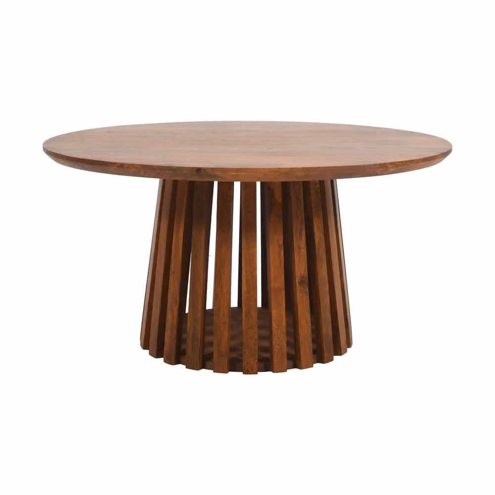 Wyld Haus Birmingham Mid-Century Round Slatted Mango Wood Coffee Table in Brown – 2