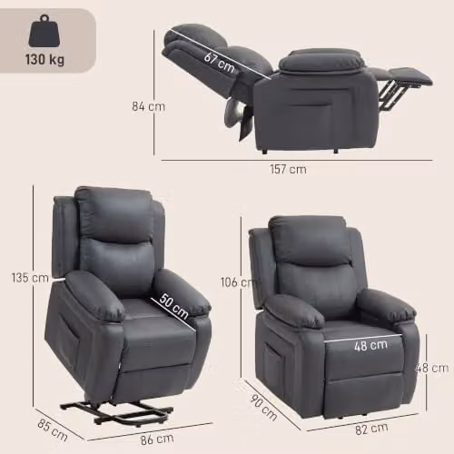 HOMCOM Dark Grey Riser and Recliner Chair with Vibration Massage and Powered Lift Assist for Seniors – 3