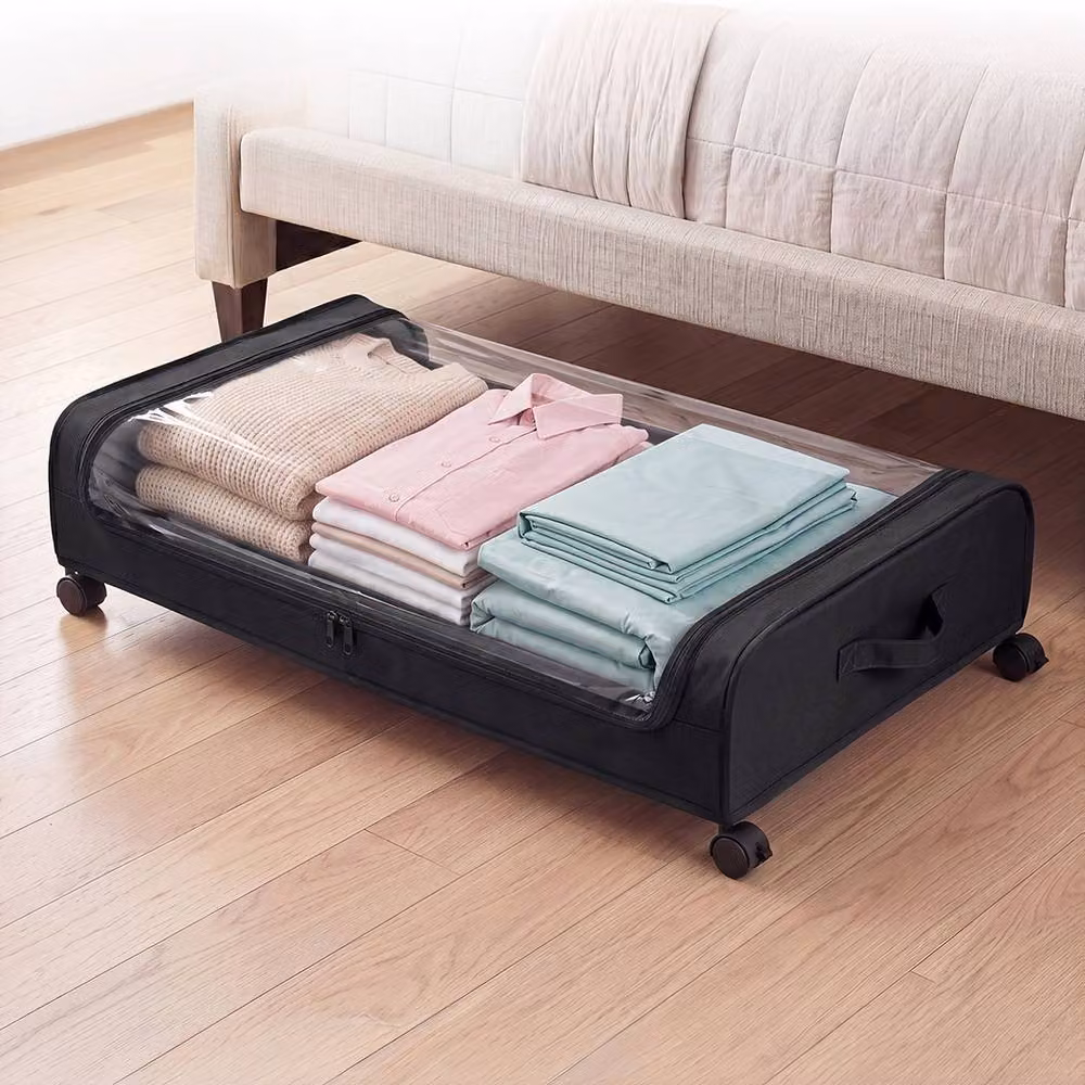 Levede Set of 2 Underbed Storage Boxes with Lids, 46L, Black Oxford Fabric and Metal – 2