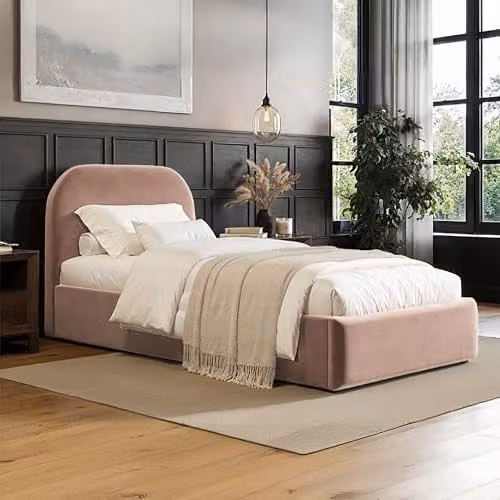 Flair Furnishings Alba Single Ottoman Bed Frame with Storage and Curved Headboard in Pink Velvet, W/D/H: 90 x 190 x 105 cm – 1