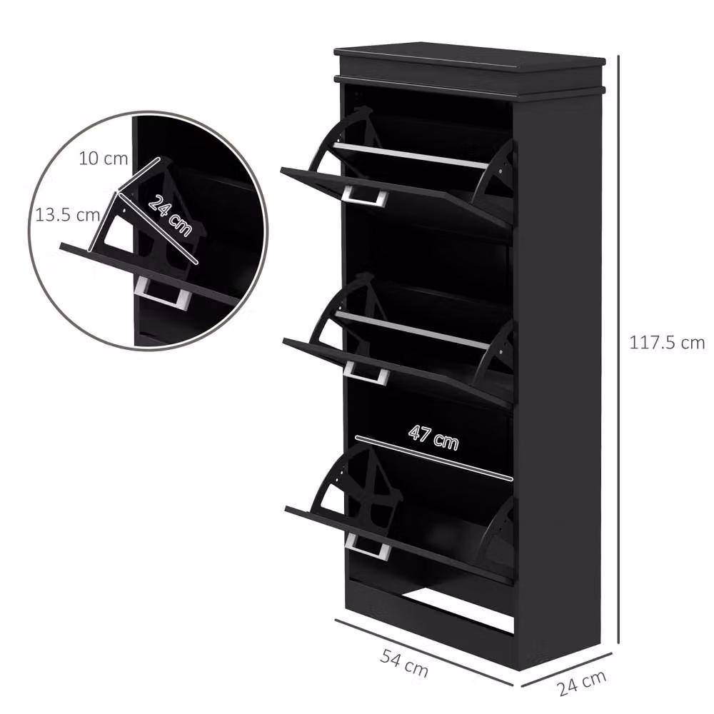 Wyld Haus Kaso Black 3 Drawer Slim Shoe Cabinet with Tilting Compartments and Adjustable Internal Shelves, W/D/H: 54 x 24 x 117.5 cm – 3