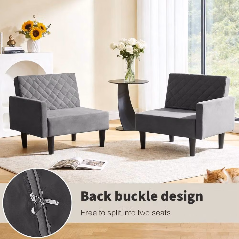 KORVIXA Grey Velvet Convertible Folding Futon Sofa Bed with Wood Frame, W/D/H: 100 x 100 x 100 cm – 3