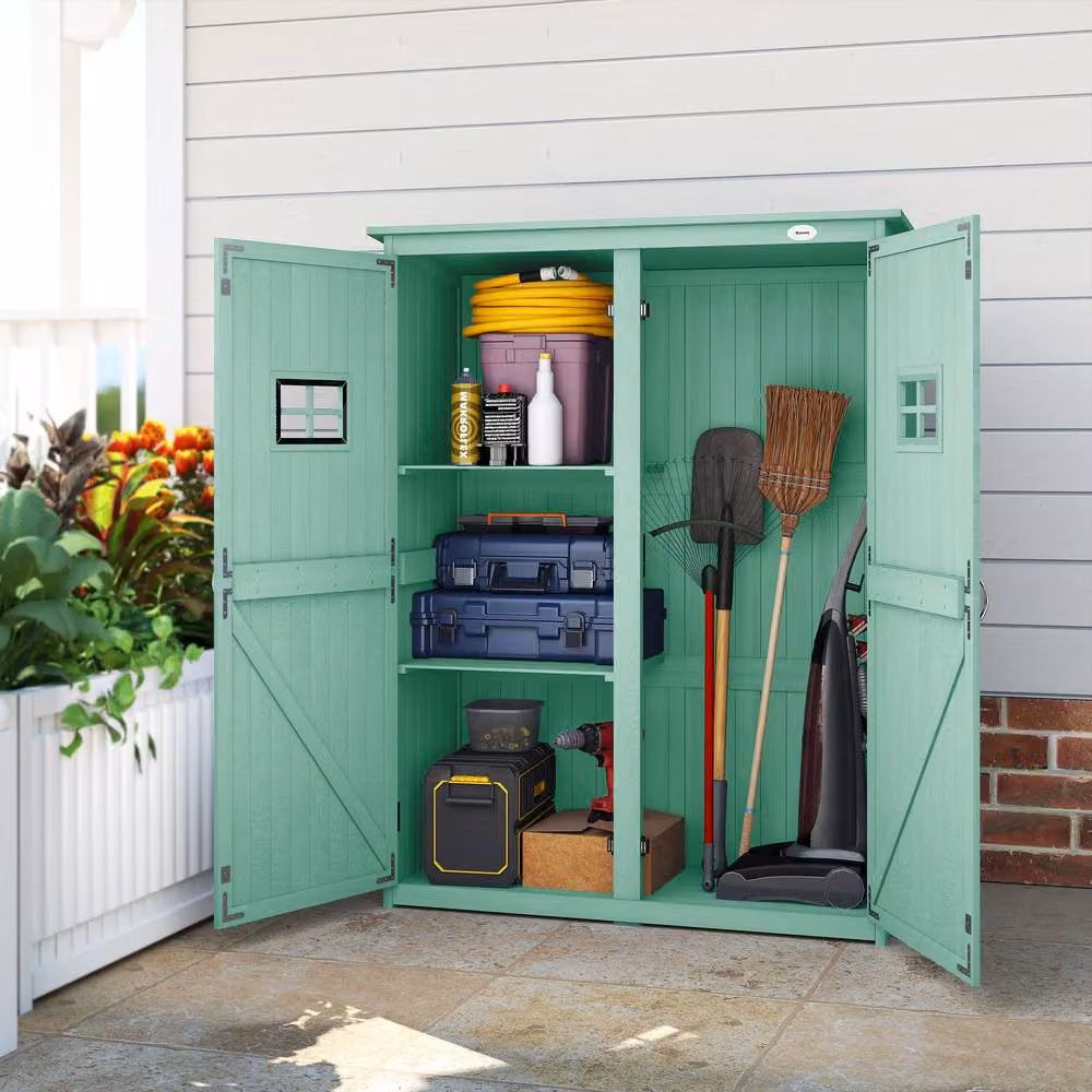 STILVORA Green Pent Garden Storage Shed with Double Doors, Window and Shelving – 5