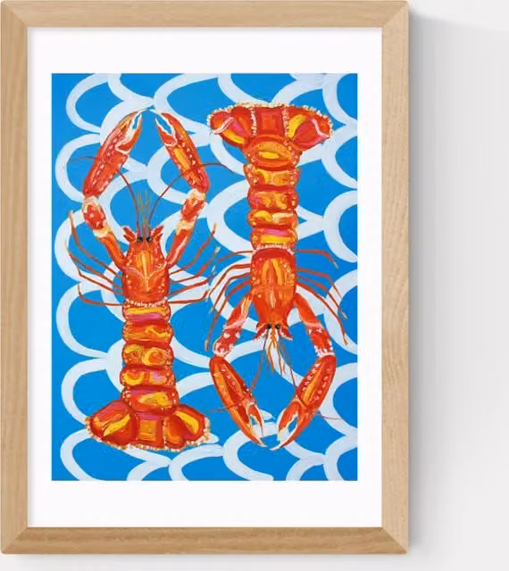 East End Prints Langoustines Framed Mediterranean Animal Wall Art in Multicolour and Sand