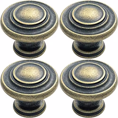 Loops 4 Pack Round Ringed Pattern Door Knob in Antique Brass, Diameter: 32 mm