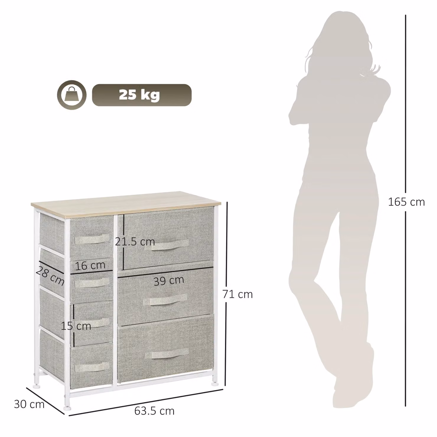 HOMCOM 7 Drawer Chest of Drawers with Metal Frame in Light Grey – 2