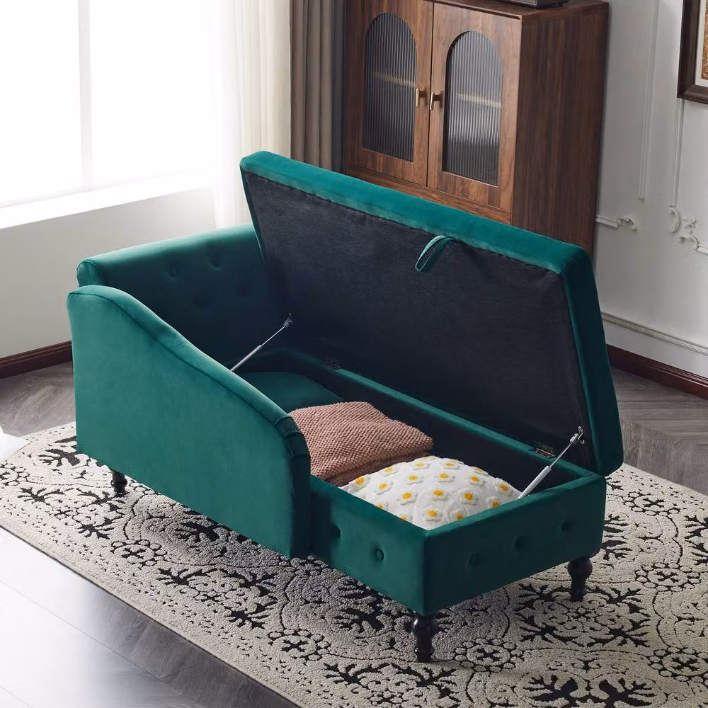 BTM Velvet Chaise Lounge with Storage and Pillow, Right Armrest, Green, W/D/H: 162.5 x 62 x 69 cm – 2