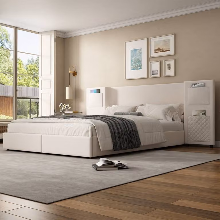 Merax Double Wingback Bed in Beige Velvet with Headboard Storage Pockets, W/D/H: 135 x 190 x 222.5 cm