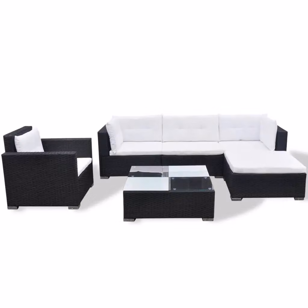 Berkfield Home 6 Piece Black Poly Rattan Garden Lounge Set with Cushions and Powder Coated Steel Frame – 2