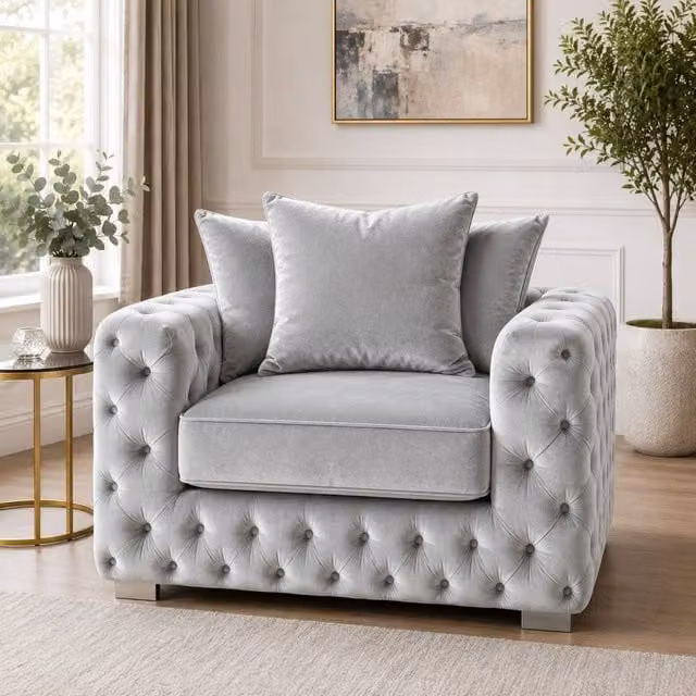 Stratus Interiors Ashley Chesterfield Scatter Back Plush Velvet Fabric Armchair in Silver