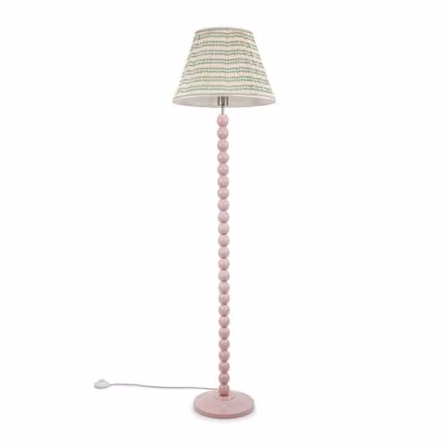 ValueLights Rose Pink Bobbin Stem Floor Lamp with Pale Pink Fabric Pleated Shade – 1