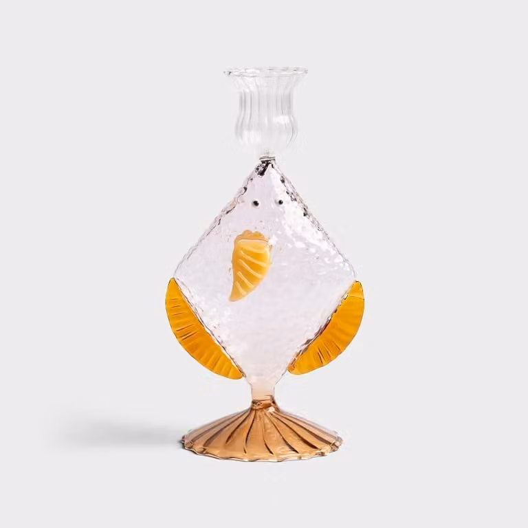 &Klevering Pink Glass Fish Candle Holder for Taper Candles