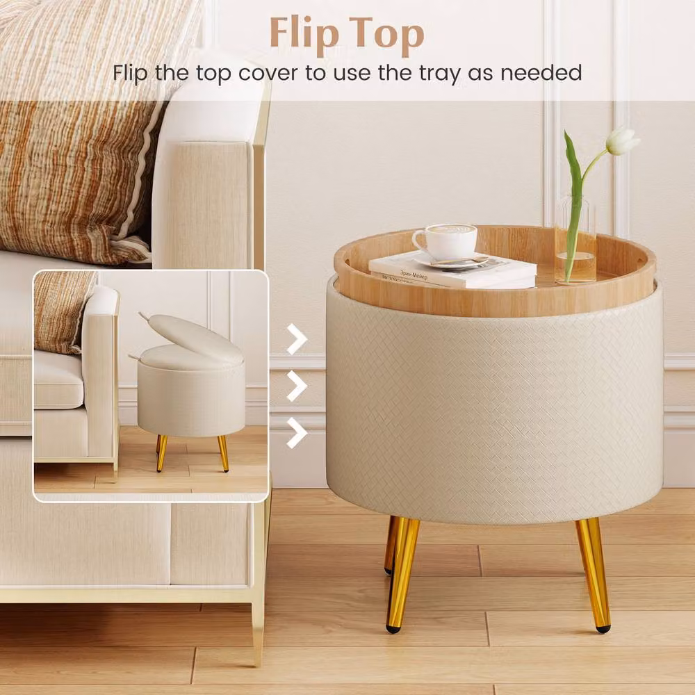 Gymax Set of 2 Beige Synthetic Leather Storage Ottomans with Flip Top Trays and Metal Legs – 2