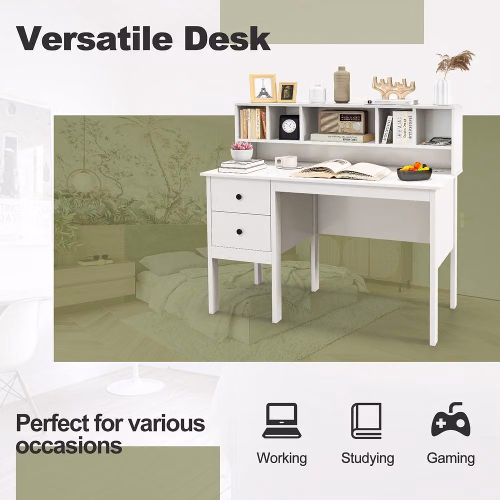 Gymax White Writing Desk with 5-Cubby Hutch and 2 Drawers, Width: 120 cm – 3