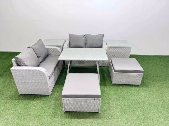 Fimous 6 Seater L-Shape Rattan Garden Furniture Set in Light Grey with Upholstered Cushions and Ottoman