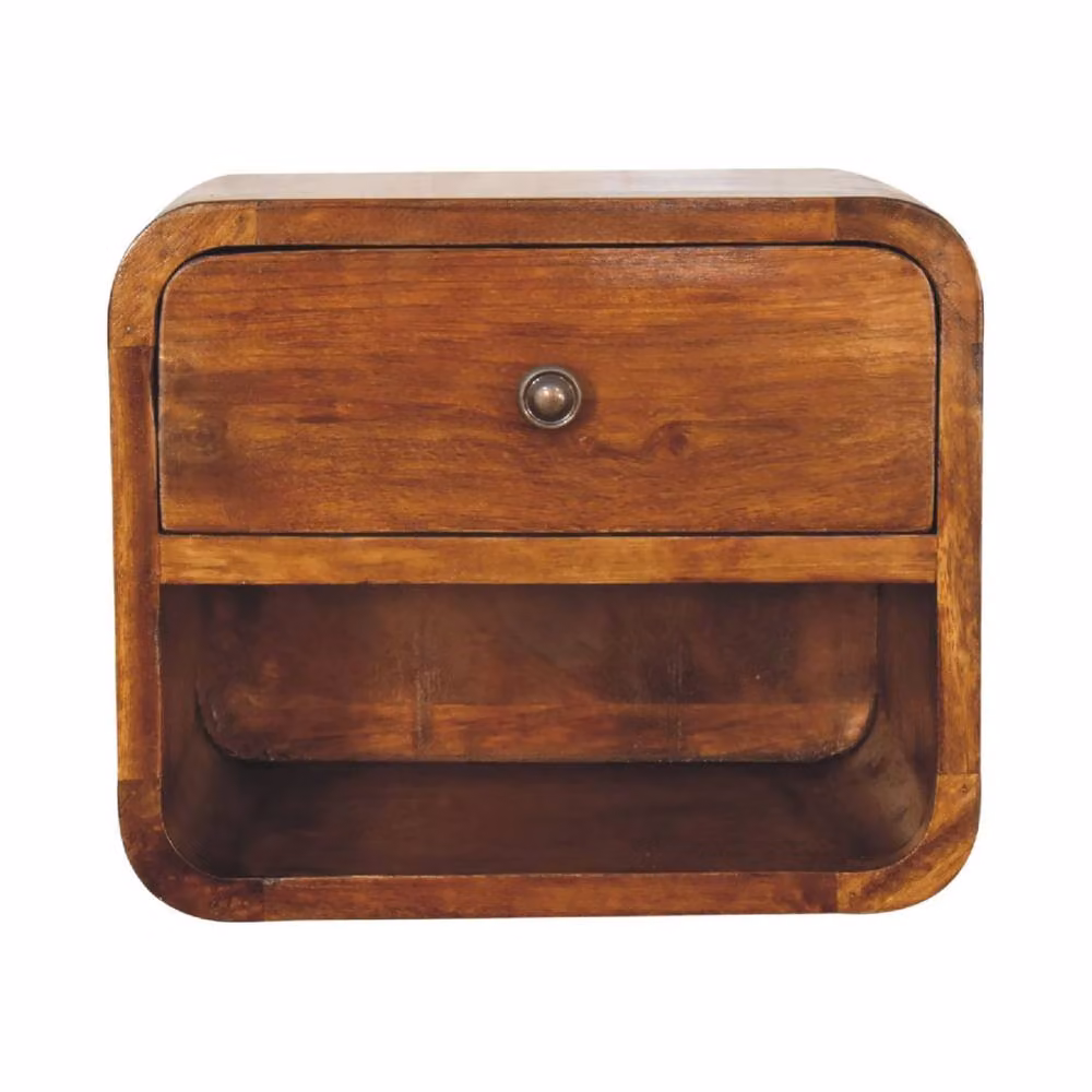 Wyld Haus Desenzano Mini Curve Mango Wood Floating Bedside Table with Drawer and Shelf in Brown – 2