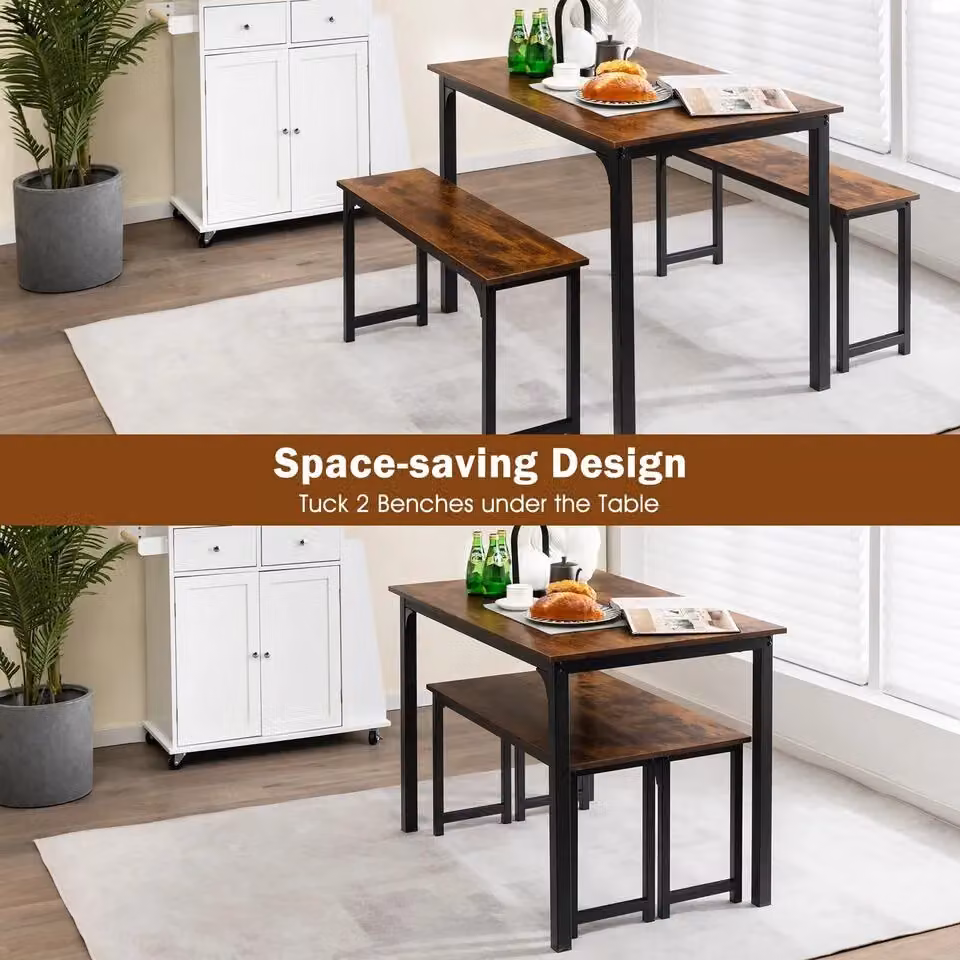Costway 3-Piece Industrial Dining Table Set with 2 Benches in Brown – 4