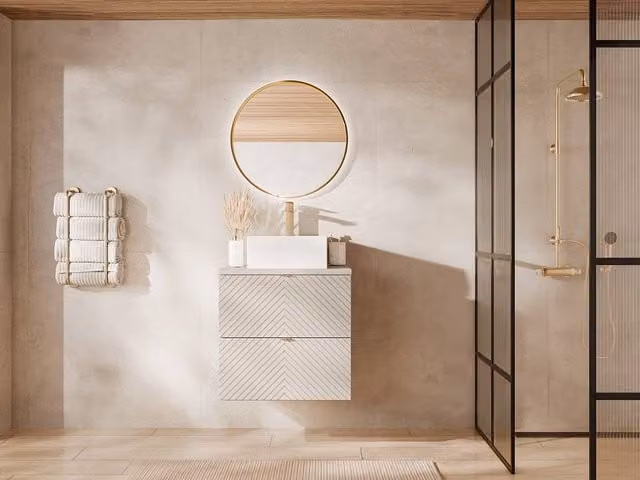 Dorioni Suspended Chevron Bathroom Vanity Unit in Matt Beige, Width: 60 cm – 1