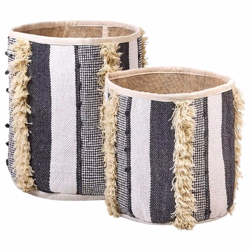 Wyld and Coco Set of 2 Open Weave Cotton Storage Baskets in Beige and Grey, W: 40 cm, D: 45 cm – 2