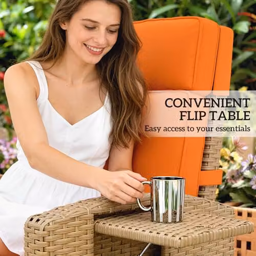 Outsunny Rattan Garden Recliner Sun Lounger with Flip Table and Cushions, Orange – 3