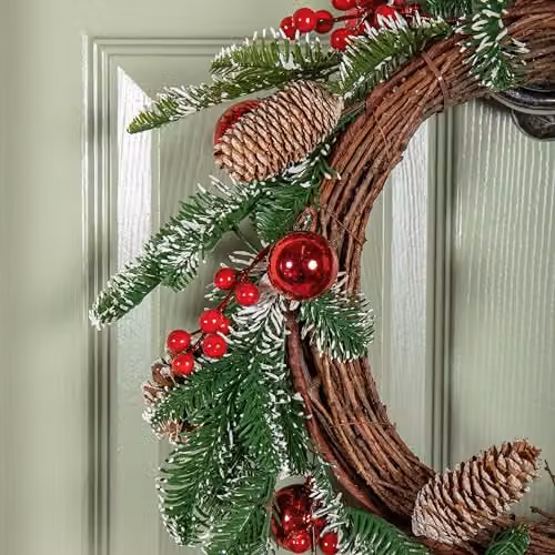 Samuel Alexander Round Rustic Christmas Pinecone Wreath with Red Berries and Baubles, Diameter: 50 cm – 2