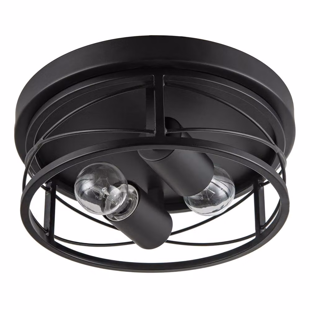 Happy Homewares Industrial Vintage Black Round Flush Ceiling Light with Wire Design – 3