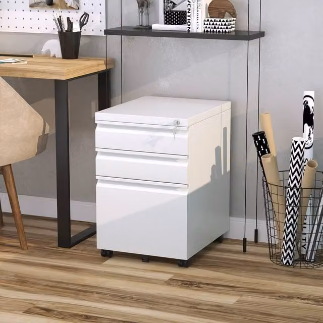 STILVORA 3-Drawer Metal Filing Cabinet with Lock and Castors, White, W/D/H: 60 x 39 x 48 cm