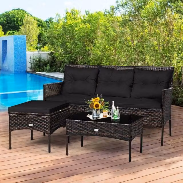 Costway 3 Piece Outdoor PE Rattan Patio Conversation Set in Black with Upholstered Cushions, 3 Seater Sofa, Coffee Table and Ottoman – 1