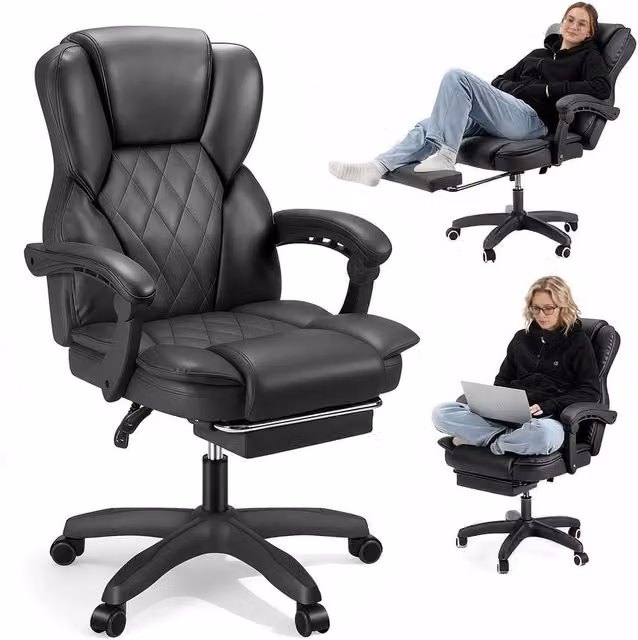 FORGEVIO Black Synthetic Leather Executive Office Chair with Headrest and Armrests