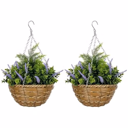 Outsunny Pack of 2 Artificial Lisianthus Flower Hanging Planter Baskets in Purple with Rattan Style Finish