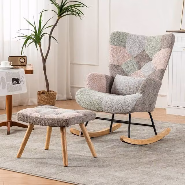 Merax Teddy Bouclé Patchwork Rocking Chair with Matching Ottoman and Lumbar Pillow in Grey – 1