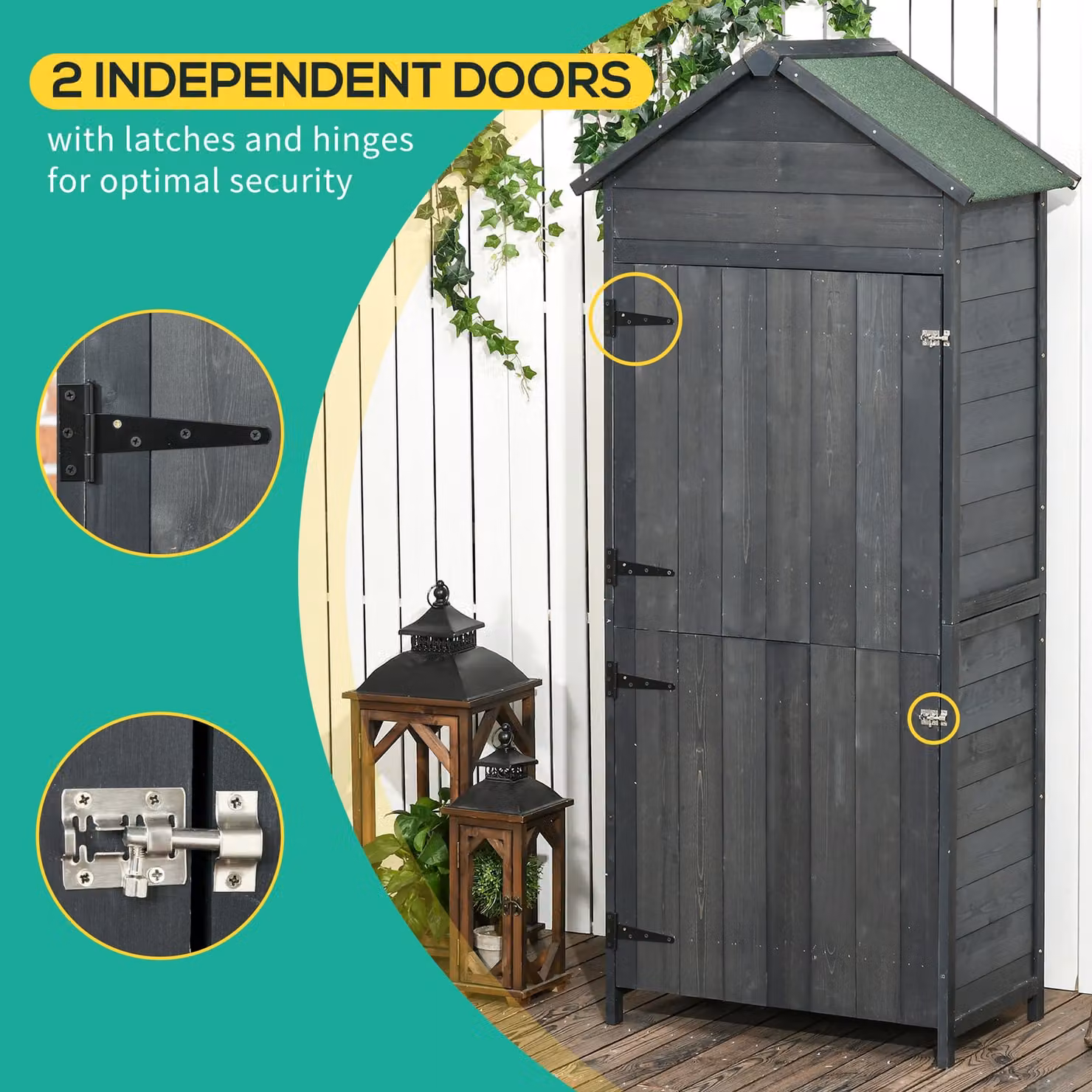 Outsunny Grey Wooden Garden Storage Cabinet with Lockable Double Doors and Internal Shelving, W/D/H: 84 x 52 x 188 cm – 6